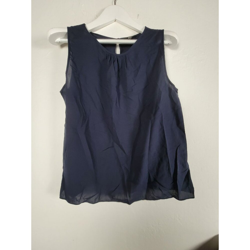 Uniqlo Womens Navy Blue Sleeveless Chiffon Blouse Top Size Large Casual Pleats